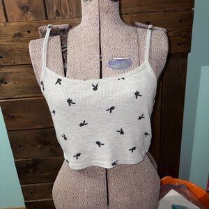 PLAYBOY Gray Crop Top with All Over Black Bunny Print